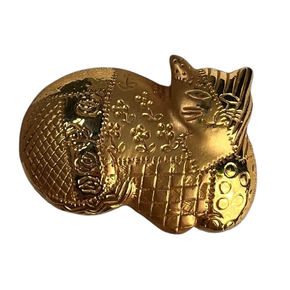 Vintage AJC Gold Tone Calico Cat Pin Brooch Patchwork Kitty Cat Lady